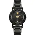 Versace all-black luxury watch with gold accents and Greek key bezel.
