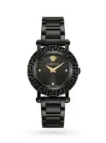 Versace all-black luxury watch with gold accents and Greek key bezel.