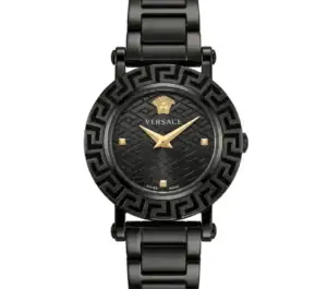 Versace all-black luxury watch with gold accents and Greek key bezel.