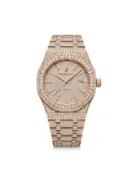 Rose gold diamond watch with a fully encrusted face and bracelet, luxury timepiece for women.