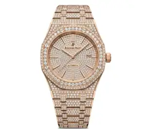 Rose gold diamond watch with a fully encrusted face and bracelet, luxury timepiece for women.