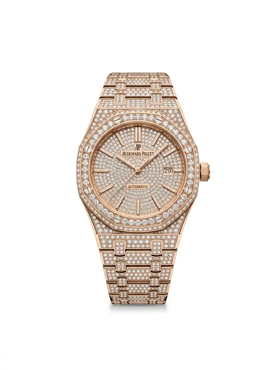 Audemars Piguet Rose Gold Diamond Watch Rose gold diamond watch with a fully encrusted face and bracelet, luxury timepiece for women.