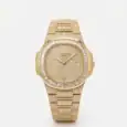 Luxury gold diamond Nautilus watch with diamond-studded dial and bracelet.
