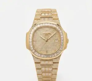 Luxury gold diamond Nautilus watch with diamond-studded dial and bracelet.