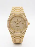 Gold diamond luxury watch with date display and automatic movement.