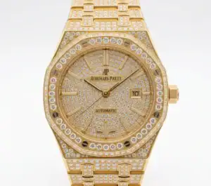 Gold diamond luxury watch with date display and automatic movement.