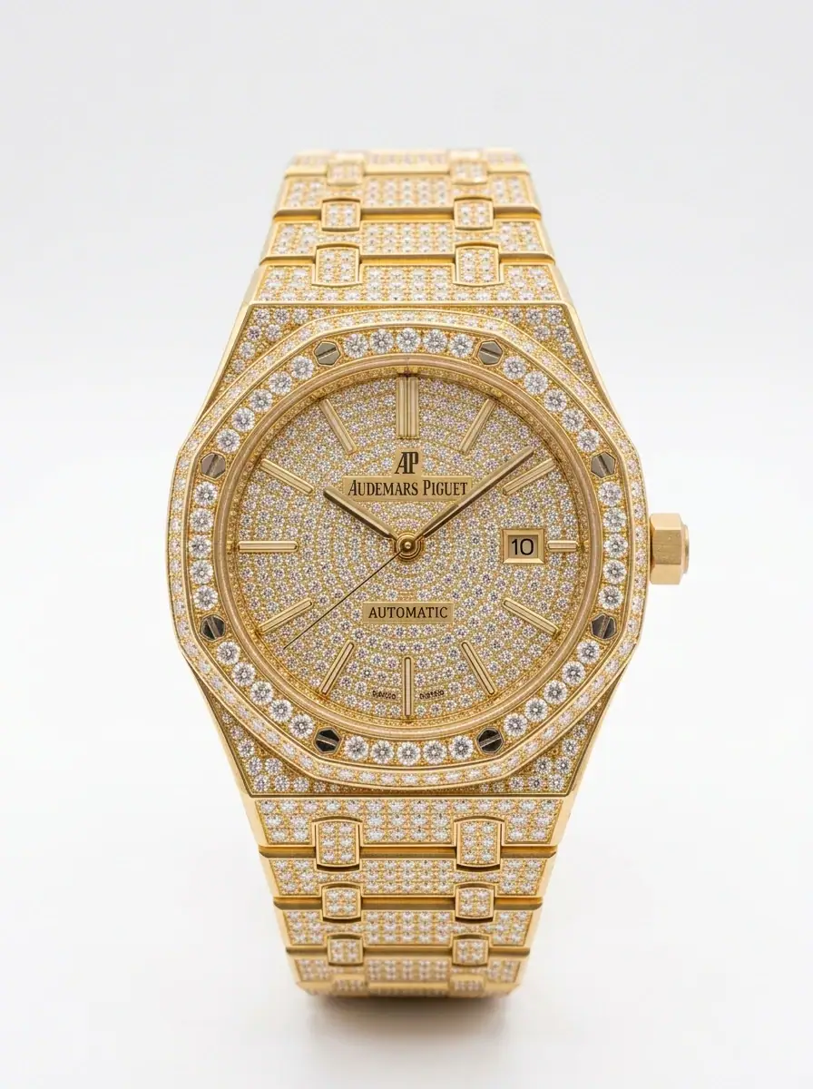 Audemars Piguet Gold Diamond Royal Watch Gold diamond luxury watch with date display and automatic movement.
