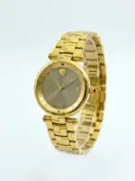 Luxury gold watch with sunburst dial and Roman numerals, Versace logo at 12 o'clock.