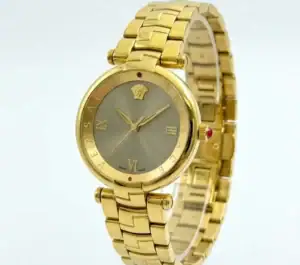 Luxury gold watch with sunburst dial and Roman numerals, Versace logo at 12 o'clock.
