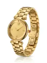 Gold-tone luxury watch with Roman numerals and Versace logo.
