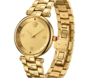 Gold-tone luxury watch with Roman numerals and Versace logo.