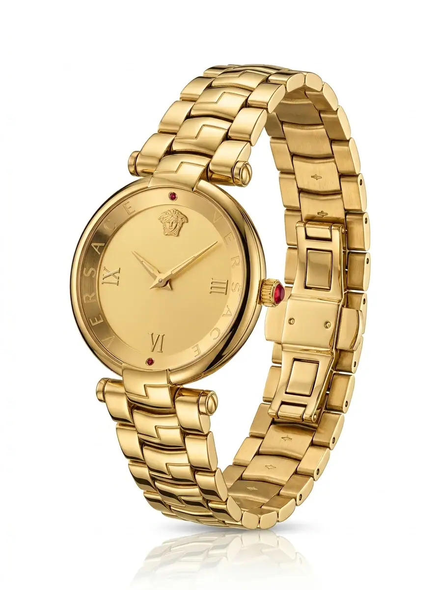 Versace All-Gold Dial Luxury Watch Gold-tone luxury watch with Roman numerals and Versace logo.