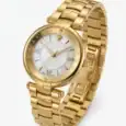 Luxury gold watch with mother-of-pearl dial and Roman numerals.