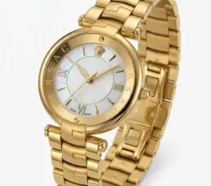 Luxury gold watch with mother-of-pearl dial and Roman numerals.