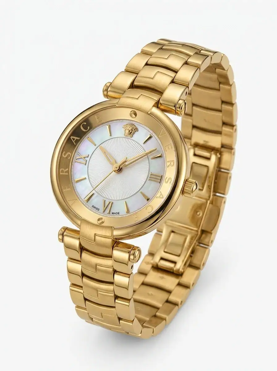 Versace Gold Mother-of-Pearl Dial Watch Luxury gold watch with mother-of-pearl dial and Roman numerals.