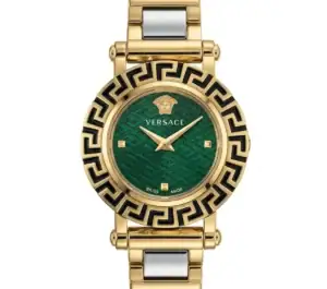 Luxury Versace watch with green dial and gold-tone bracelet.