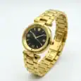 Gold luxury watch with black dial and Roman numerals, Versace branding.