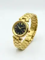 Gold luxury watch with black dial and Roman numerals, Versace branding.