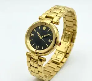 Gold luxury watch with black dial and Roman numerals, Versace branding.
