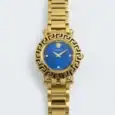 Gold Versace watch with blue dial and Greek key bezel design.