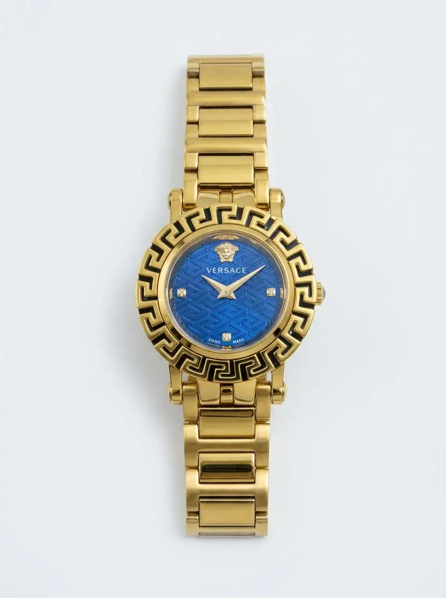 Versace Gold Blue Dial Luxury Watch Gold Versace watch with blue dial and Greek key bezel design.