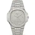 Luxury diamond-encrusted Patek Philippe Nautilus automatic watch in silver.