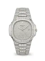 Luxury diamond-encrusted Patek Philippe Nautilus automatic watch in silver.