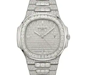 Luxury diamond-encrusted Patek Philippe Nautilus automatic watch in silver.