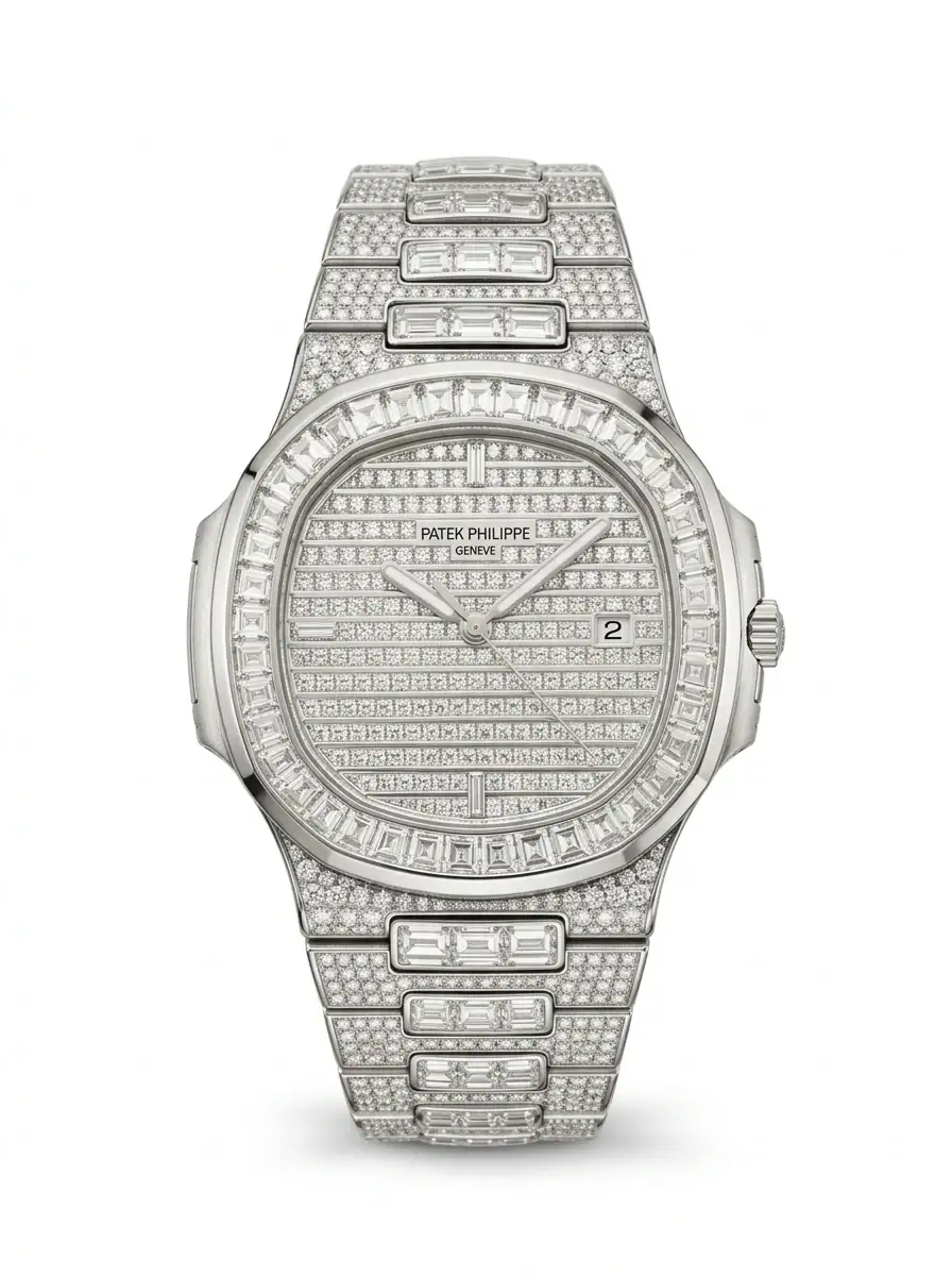 Patek Philippe Nautilus Diamond Watch Luxury diamond-encrusted Patek Philippe Nautilus automatic watch in silver.