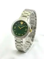 Luxury Versace watch with green dial and silver band, Roman numerals.