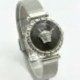 Versace Medusa black dial mesh watch with silver-tone case and bracelet.