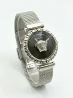 Versace Medusa black dial mesh watch with silver-tone case and bracelet.