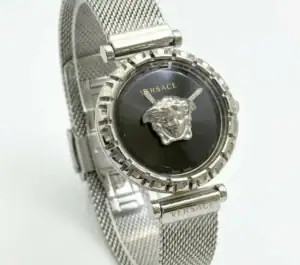 Versace Medusa black dial mesh watch with silver-tone case and bracelet.