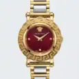 Luxury watch with red dial and gold-tone case and bracelet.