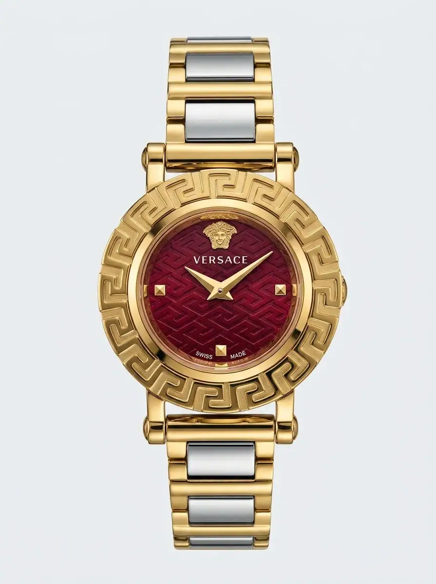 Versace Two-Tone Red Dial Luxury Watch Luxury watch with red dial and gold-tone case and bracelet.