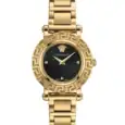 Luxury gold watch with black dial and Greek key bezel design.
