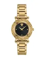 Luxury gold watch with black dial and Greek key bezel design.