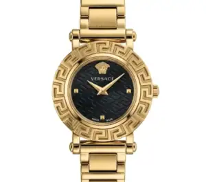 Luxury gold watch with black dial and Greek key bezel design.