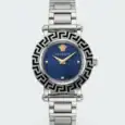 Versace luxury watch with silver band and blue dial, Greek key bezel design.