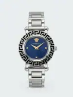 Versace luxury watch with silver band and blue dial, Greek key bezel design.