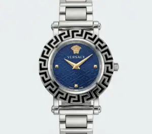 Versace luxury watch with silver band and blue dial, Greek key bezel design.