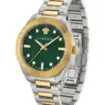 Luxury watch with green dial, gold bezel, and two-tone bracelet.