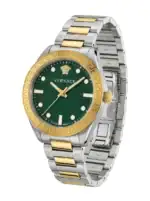 Luxury watch with green dial, gold bezel, and two-tone bracelet.