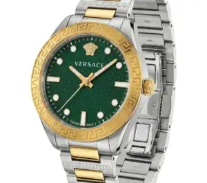 Luxury watch with green dial, gold bezel, and two-tone bracelet.