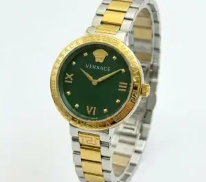 Luxury Versace watch with green dial and two-tone gold and silver band.
