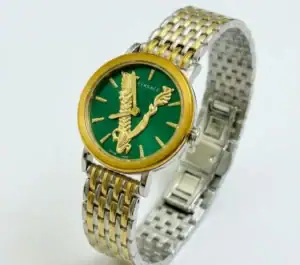 Luxury Versace watch with green dial and gold accents.