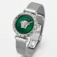 Versace Medusa green dial mesh watch with silver band and crystal accents.