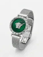 Versace Medusa green dial mesh watch with silver band and crystal accents.