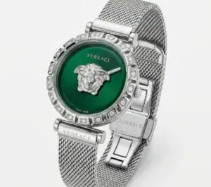 Versace Medusa green dial mesh watch with silver band and crystal accents.