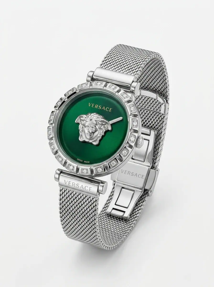 Versace Medusa Green Dial Mesh Watch Versace Medusa green dial mesh watch with silver band and crystal accents.